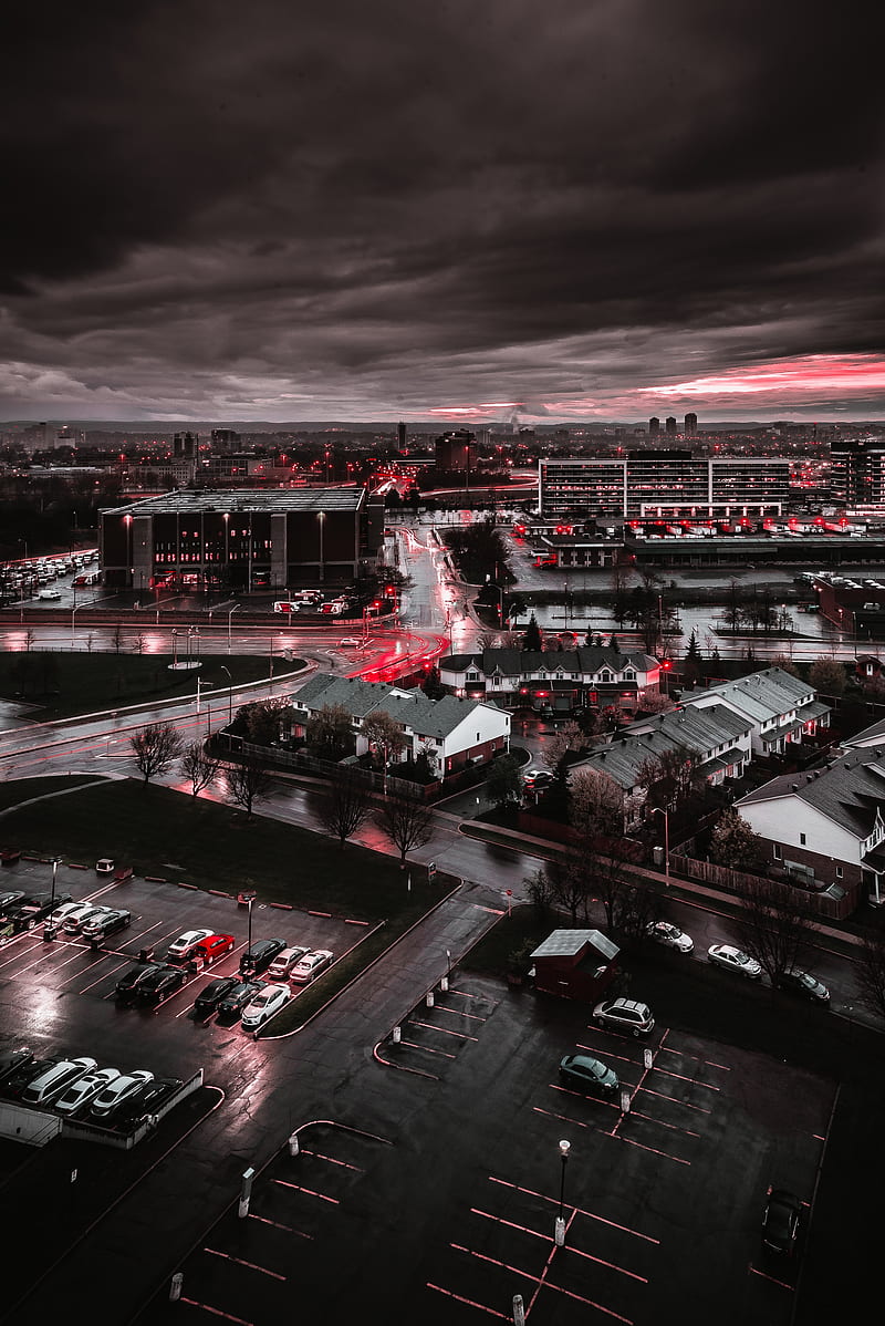 city, gray, wet, after rain, lights, red, contrast, HD phone wallpaper