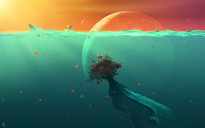 sea, fish, submerged planet, art, creative, HD wallpaper