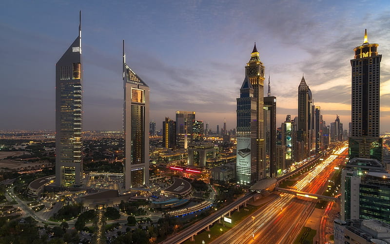 Dubai, United Arab Emirates, city lights, skyscrapers, HD wallpaper