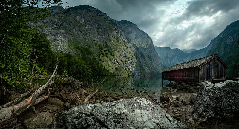Man Made, Boathouse, Cloud, Germany, Lake, Mountain, Nature, HD wallpaper