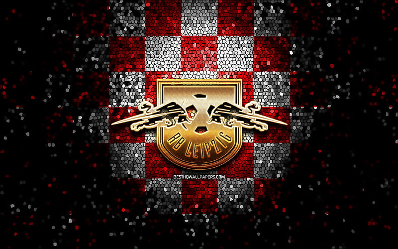 RB Leipzig FC, glitter logo, Bundesliga, red white checkered background, soccer, RB Leipzig, german football club, RB Leipzig logo, mosaic art, football, Germany, HD wallpaper