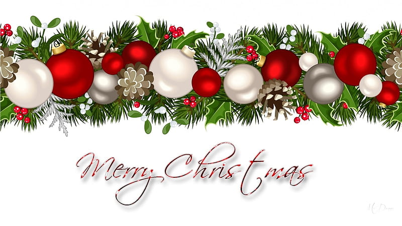 Merry Christmas Garland, Christmas, Feliz Navidad, cones, shine, holly, garland, pine, balls, fir, holly berries, HD wallpaper