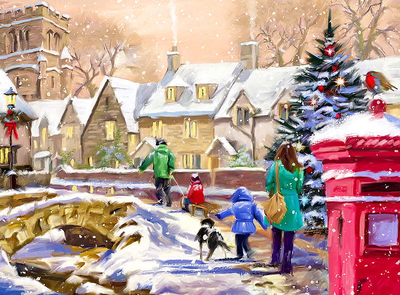 Snowy village, bonito, winter, Christmas, art, holiday, children, fun, joy, snow, bridge, village, kids, HD wallpaper