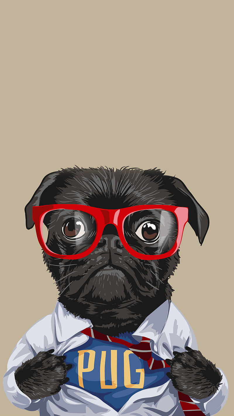 Super Pug, Kiss, dog, doggie, glasses, puppy, red, shirt, superhero, tie, HD phone wallpaper
