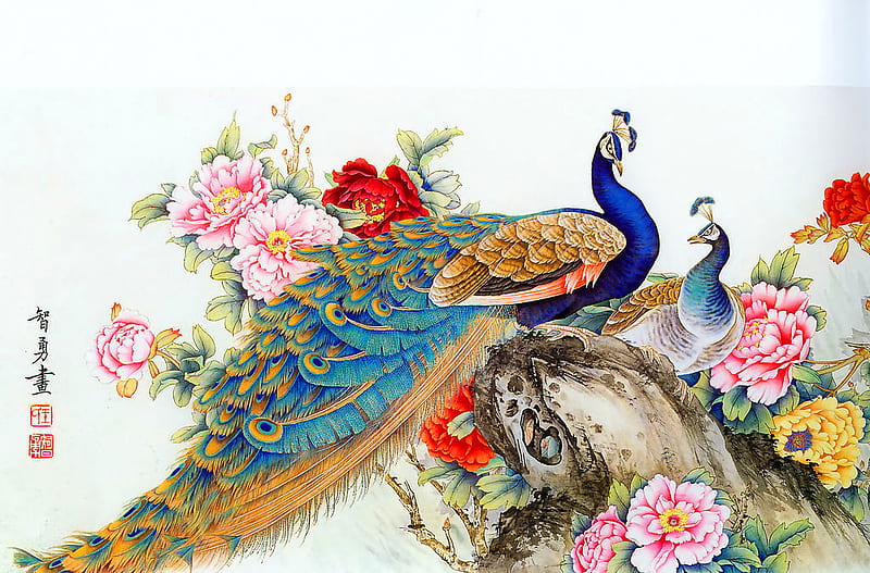 Styled in the Orient, leaves, oriental, peacock, birds, flowers, colours, branch, artwork, HD wallpaper
