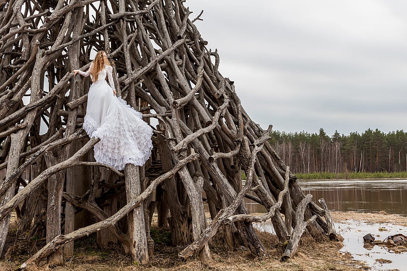 woman in white dress on piled wood logs, HD wallpaper
