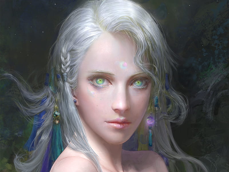 White sorceress, art, luminos, mo li, sorceress, fantasy, girl, face, portrait, eyes, HD wallpaper