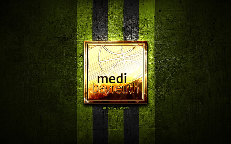 Medi Bayreuth, golden logo, BBL, green metal background, german basketball club, Basketball Bundesliga, Medi Bayreuth logo, basketball, HD wallpaper