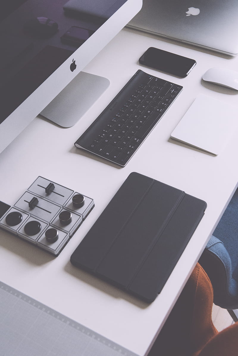 flat lay graphy of black iPad case, Apple wireless keyboard, iMac on white table, HD phone wallpaper