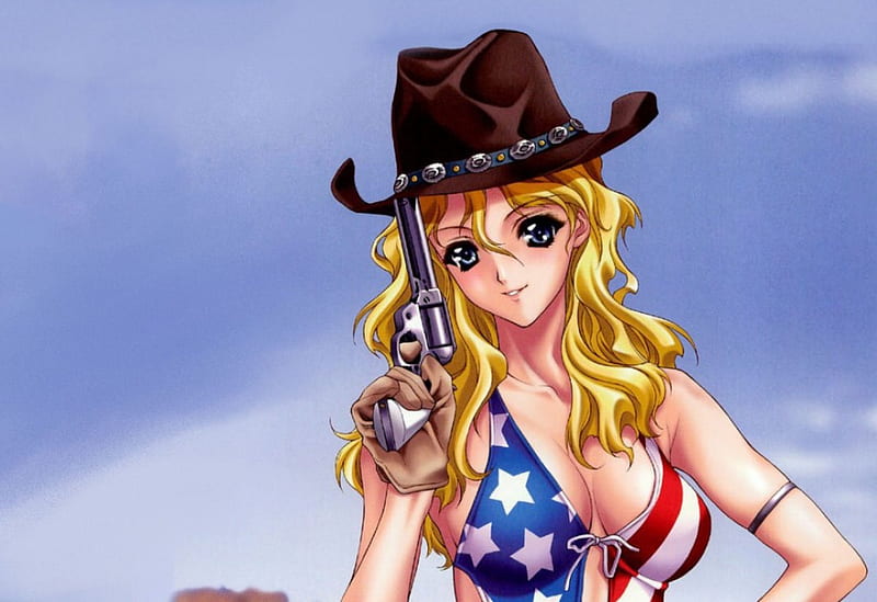 Celebrate Independence And dom . . , cartoons, art, hats, july 4th, dom, bonito, America, sky, guns, NRA, anime, cowgirls, drawing, HD wallpaper