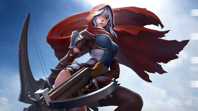 Hunter, calender, red cape, female, anime, crossbow, orginal, sky, HD wallpaper