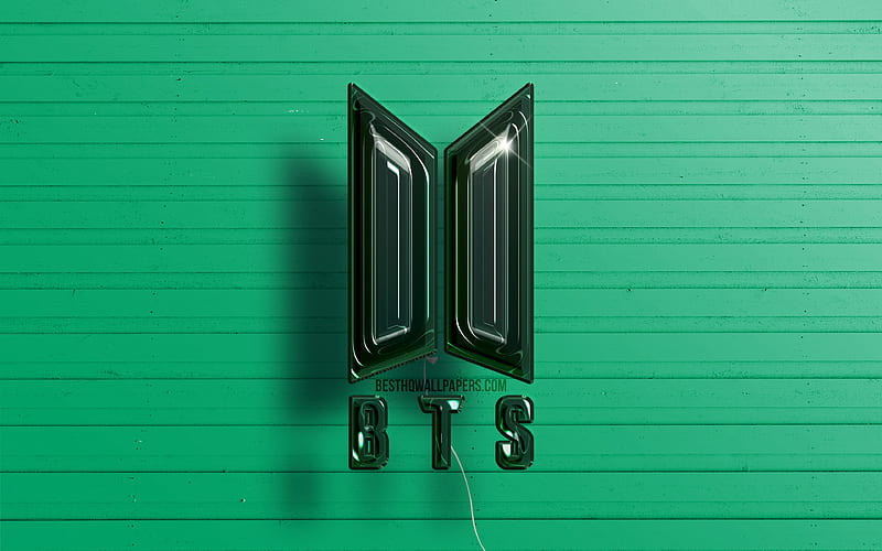 BTS 3D logo Bangtan Boys, dark green realistic balloons, BTS logo, Bangtan Boys logo, green wooden backgrounds, BTS, HD wallpaper