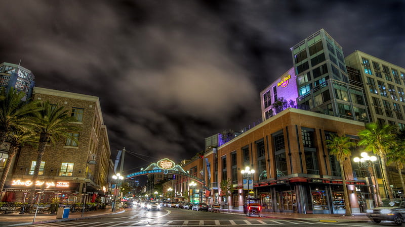 historic center of san diego r, city, r, clouds, street, lights, stores, night, HD wallpaper