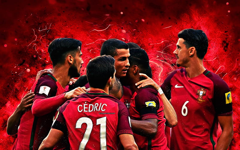 Portugal National Team, goal, Cristiano Ronaldo, Cedric Soares, soccer, CR7, neon lights, Portuguese football team, HD wallpaper