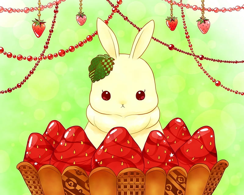 Strawberry Tart, red, pretty, rabbit, lovely, strawberry, food, adorable, animal, sweet, cute, nice, kawaii, green, bunny, tart, HD wallpaper