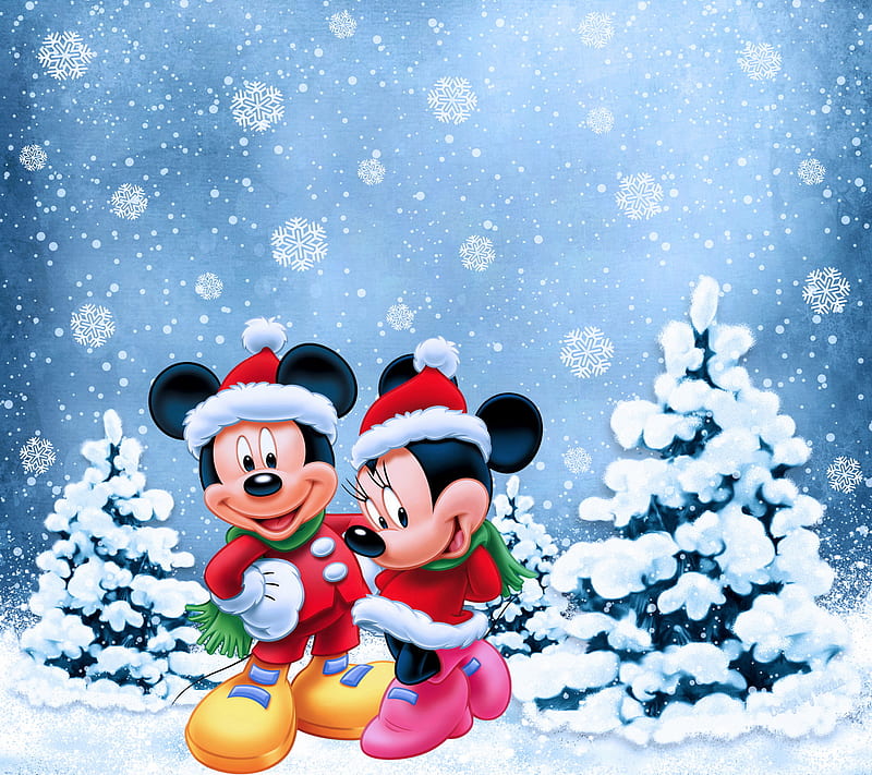 Disney Christmas, merry, mickey, minnie, snowflakes, winter, xmas, HD wallpaper