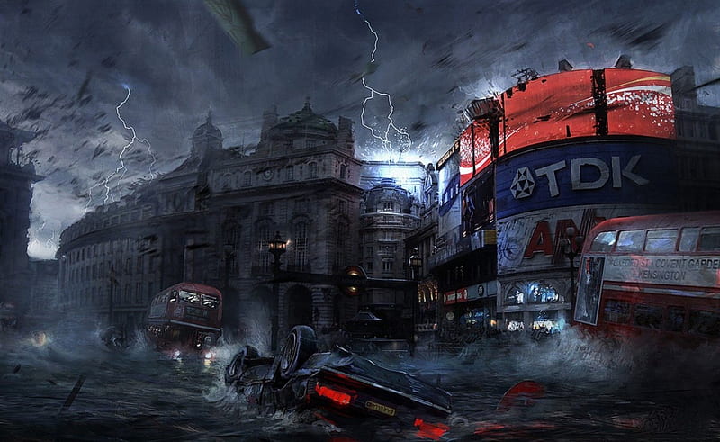 HIT BY DISASTER~PICCADILLY CIRCUS, disaster, tdk, buildings, vehicles, circus, overturn, lightning, piccadilly, night, HD wallpaper