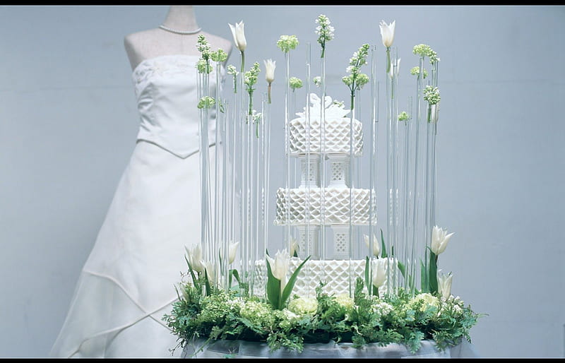 Wedding decoration, cake, glass, wedding gown, wedding decorations, flowers, style, HD wallpaper