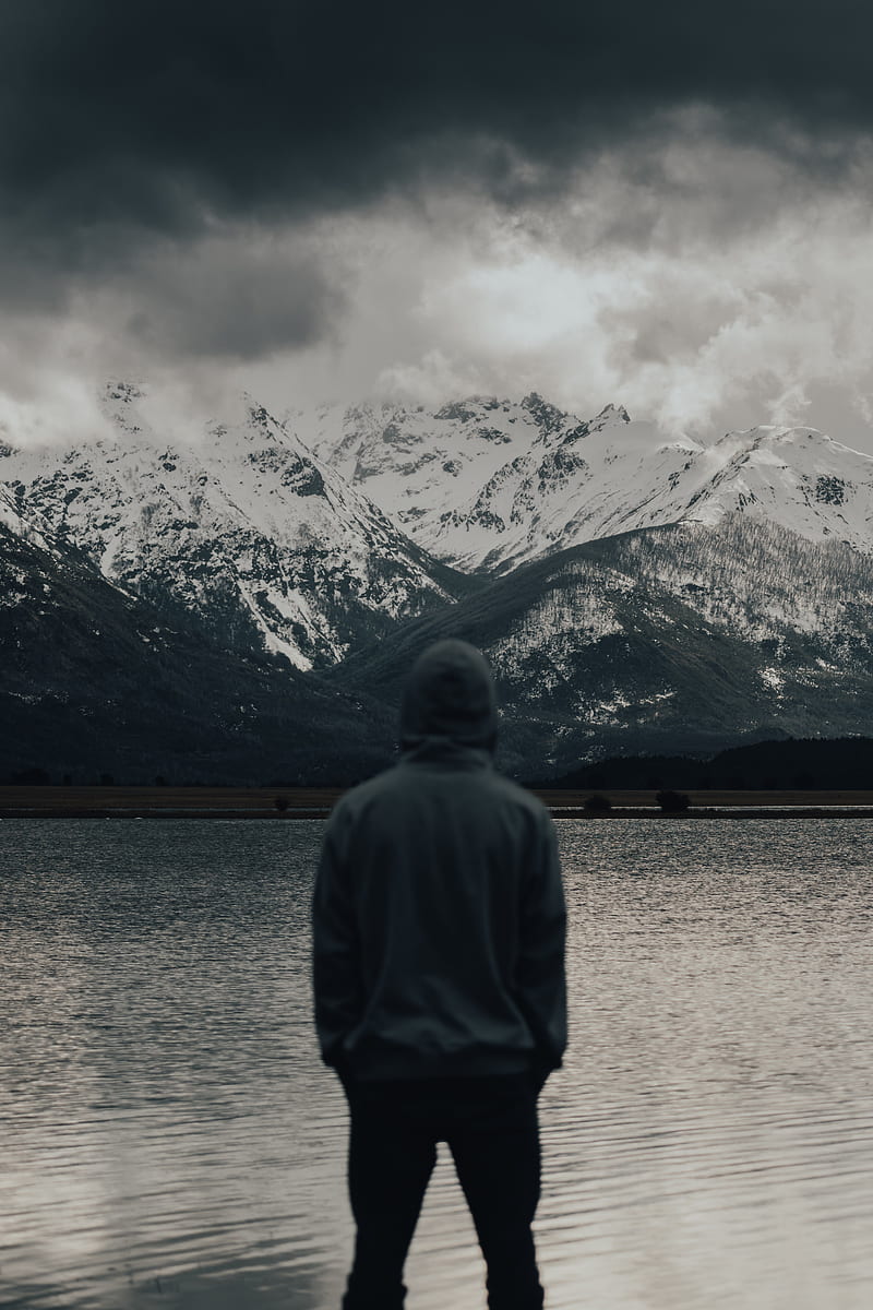 man, alone, nature, mountains, lake, HD phone wallpaper
