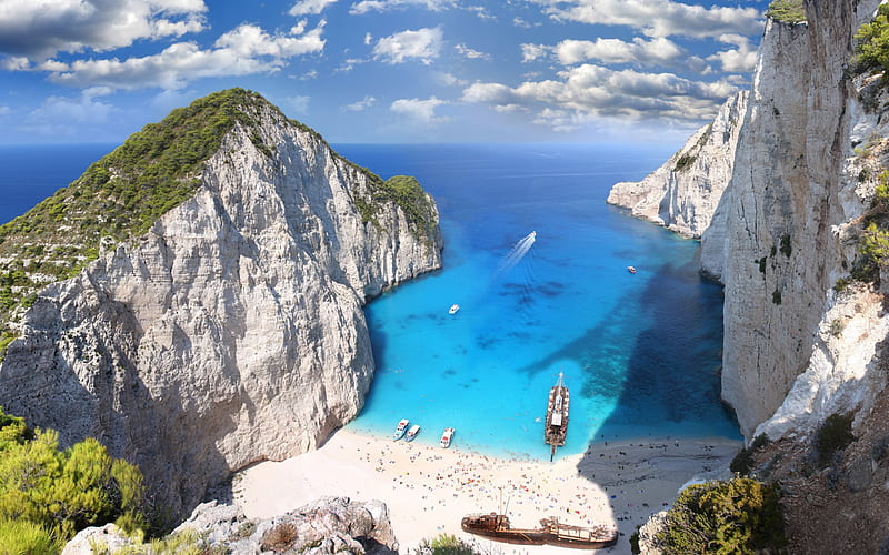beach, sea, tourists, Zaykanthos, Island, Greece, Ionian Sea, HD wallpaper
