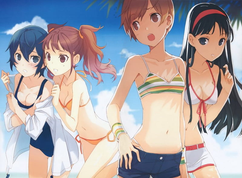 Summer vacation, summer, swim suits, girls, Anime, HD wallpaper