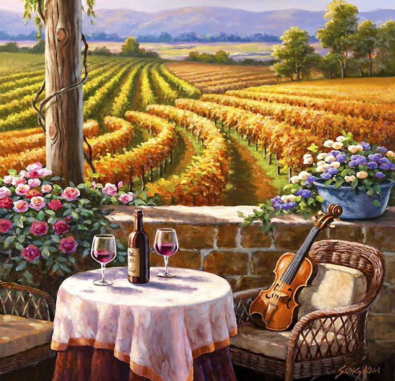 Vineyard and Violin, veranda, table, armchair, artwork, glass, vine, painting, blossoms, flowers, HD wallpaper