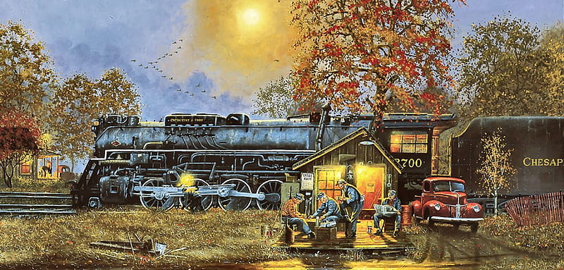Passing Time , railroad, art, locomotive, bonito, illustration, artwork, train, engine, painting, wide screen, tracks, HD wallpaper