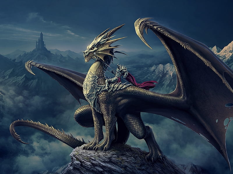 knights dragon, art, mountain, castle, rider, HD wallpaper