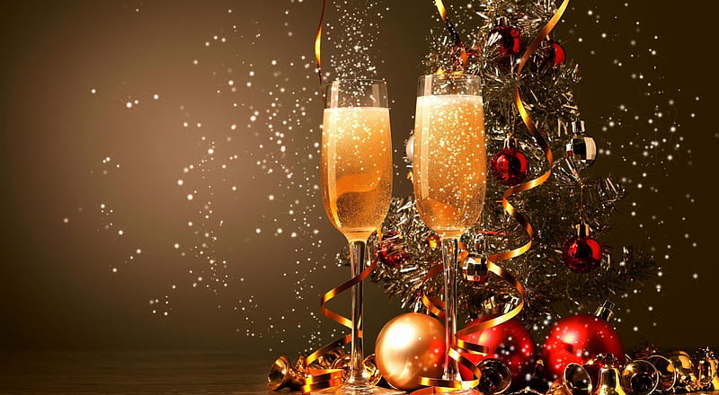 * Happy New Year *, christmas balls, holiday, ribbon, glasses, bonito, new day, happy new year, sparkle, champagne, celebrate, HD wallpaper
