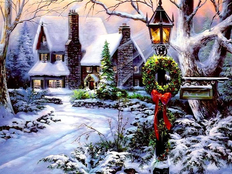 The day before Christmas, wreath, pretty, house, cabin, clouds, eve, lights, nice, village, path, lovely, holiday, christmas, new year, sky, trees, mood, winter, noel, serenity, snow, cottage, lantern, bonito, cold, painting, frost, calmness, santa, snowing, peaceful, day, branches, frozen, HD wallpaper
