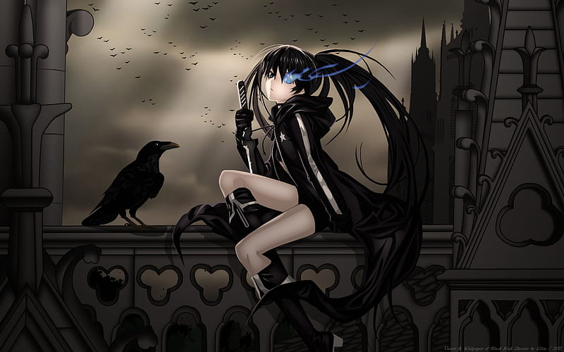 black rock shooter, pretty, balcony, manga, clouds, catoon, girl, bird, anime, dark, drawing, crow, HD wallpaper