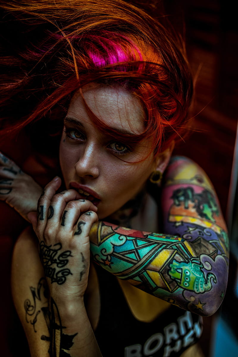 looking at viewer, tattoo, redhead, women, finger in mouth, HD phone wallpaper