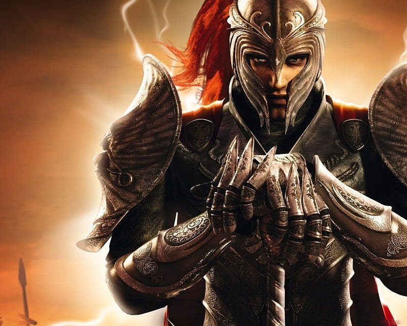Knight, red, male, fighter, orange, game, man, armor, fantasy, warrior, helmet, HD wallpaper