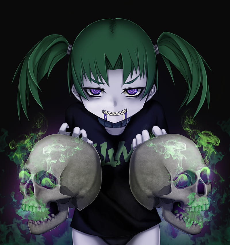 anime girls, skull, green hair, HD phone wallpaper