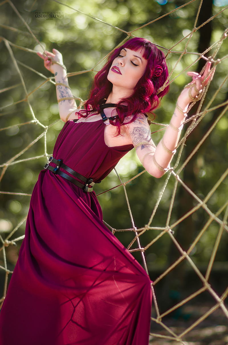 Gustavo Terzaghi, women, redhead, shoulder length hair, flower in hair, red dress, belt, tattoo, pierced nose, ropes, HD phone wallpaper