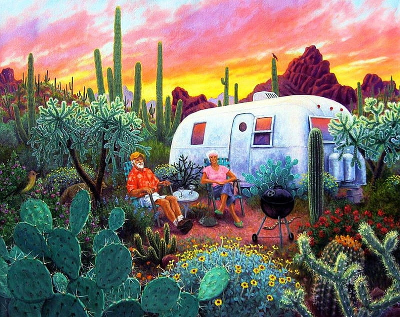 Desert Camp, people, plants, painting, sunset, artwork, caravan, HD wallpaper