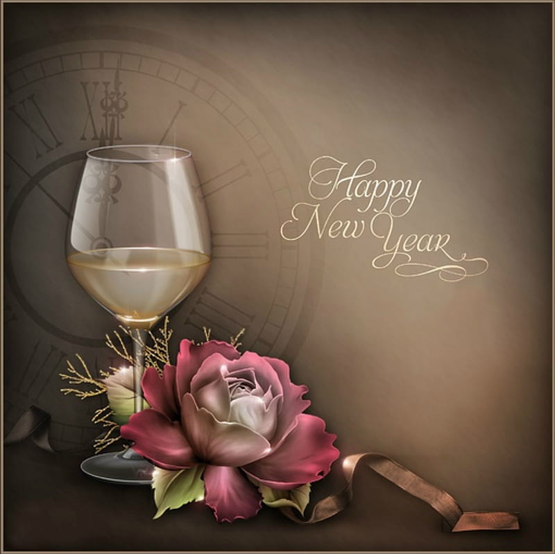 WINE & FLOWERS, NEW YEAR, CLOCK, FLOWER, TIME, WINE, HD wallpaper