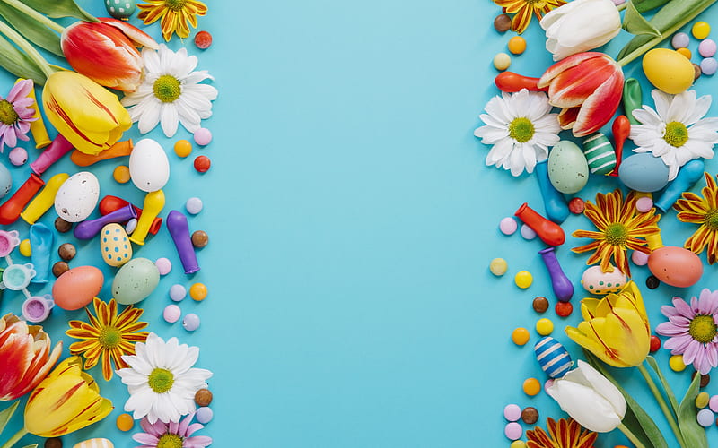 Easter, spring, easter eggs, spring flowers, blue background, decoration, HD wallpaper