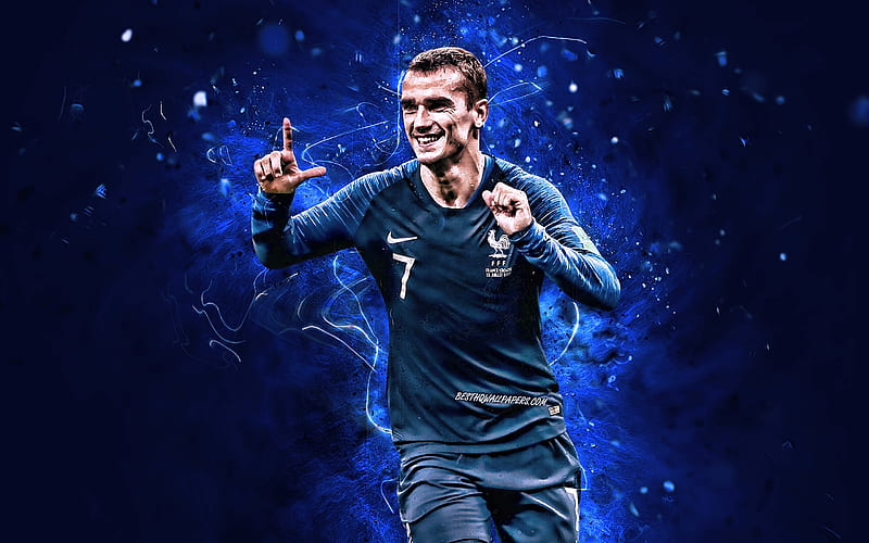 Antoine Griezmann, FFF, France National Team, goal, soccer, abstract art, french footballers, Griezmann, neon lights, French football team, HD wallpaper
