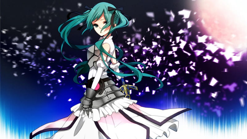 Miku Saber, saber, dress, hatsune miku, crossover, fate stay night, blade, anime, hot, anime girl, weapon, vocaloids, long hair, sword, vocaloid, female, excalibur, gown, miku, twintails, sexy, armor, cute, hatsune, girl, petals, green hair, knight, HD wallpaper