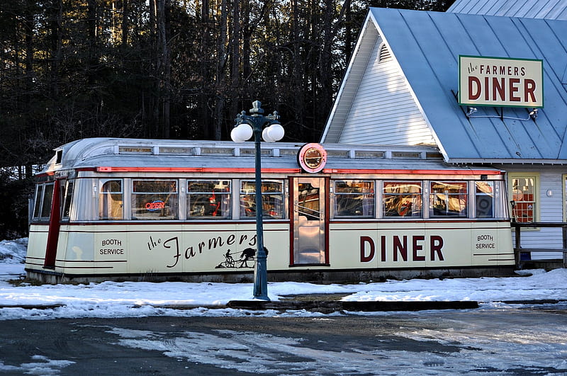 The Farmers Diner, snow, american, diner, vintage, winter, HD wallpaper