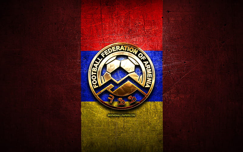 Armenia National Football Team, golden logo, Europe, UEFA, red metal background, Armenian football team, soccer, FFA logo, football, Armenia, HD wallpaper