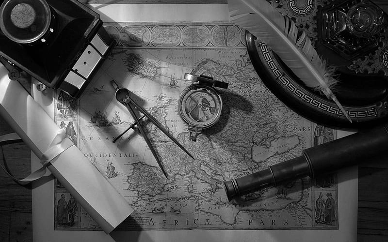 Explorer's Tools, chart, black, compass, exploring, spyglass, still life, pencil, feather, tools, map, letter, HD wallpaper
