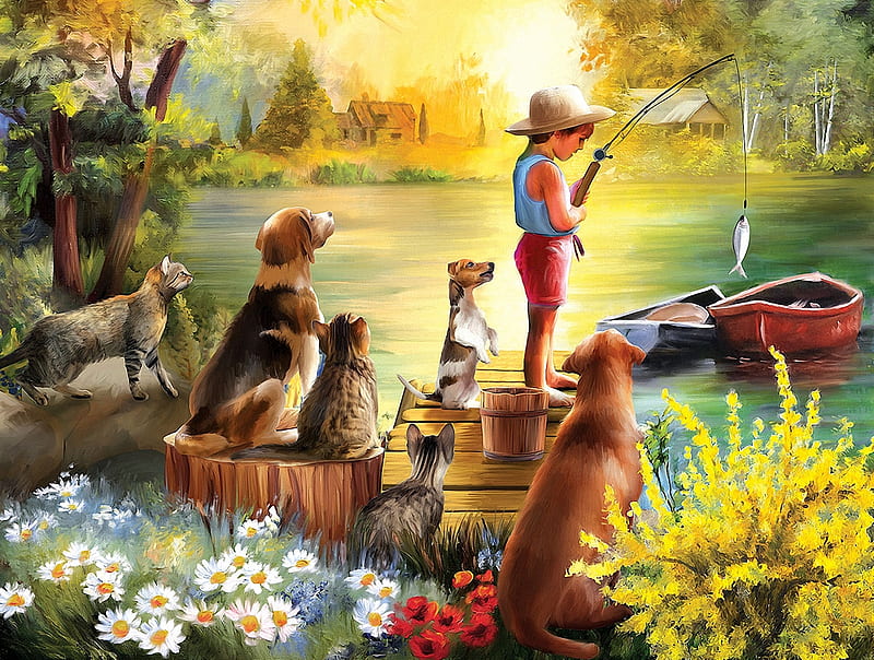 Waiting for dinner, boats, boy, boat, houses, river, cats, fishing, dogs, painting, HD wallpaper
