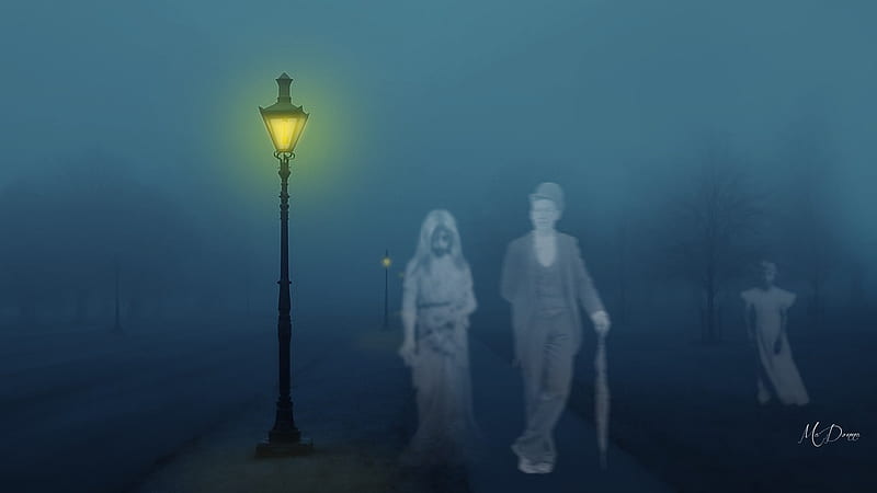 Ghostly Walk, light, gothic, ghosts, dark, Halloween, lamp post, night, HD wallpaper
