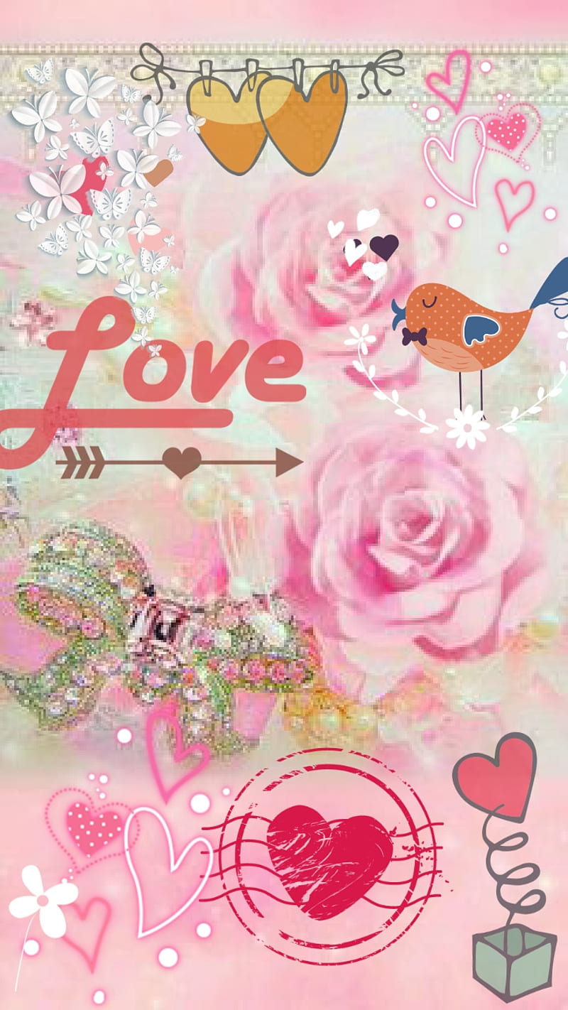 Frilly, abstract, barrette, chic, corazones, love, pink, rhinestones, HD phone wallpaper