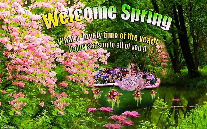 ~Welcome Srping~, spring season, springtime, welcome spring, spring flowers, hello spring, green, bloom in spring, boat with flowers, springtime blossoms, little girl on boat, green lake, pink, natural, HD wallpaper