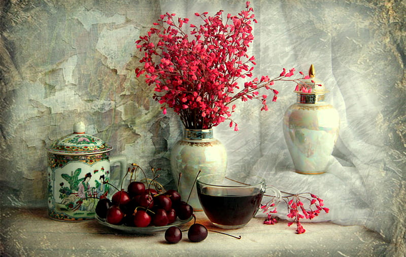 Autumn Calls, ginger jars, still life, pink flowers, glass cup, cherries, HD wallpaper