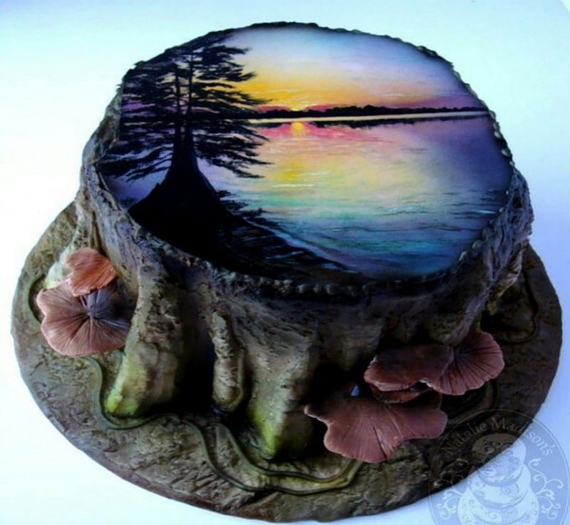 Fruitful Tree Cake, Water, Cake, Musrooms, Sky, Fruitful, bonito, Tree, Sunset, HD wallpaper