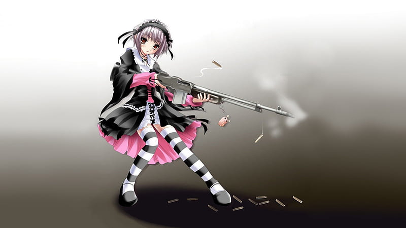 Anime girl, cutie, cute, gun, girl, anime, black, weapon, smoke, HD wallpaper